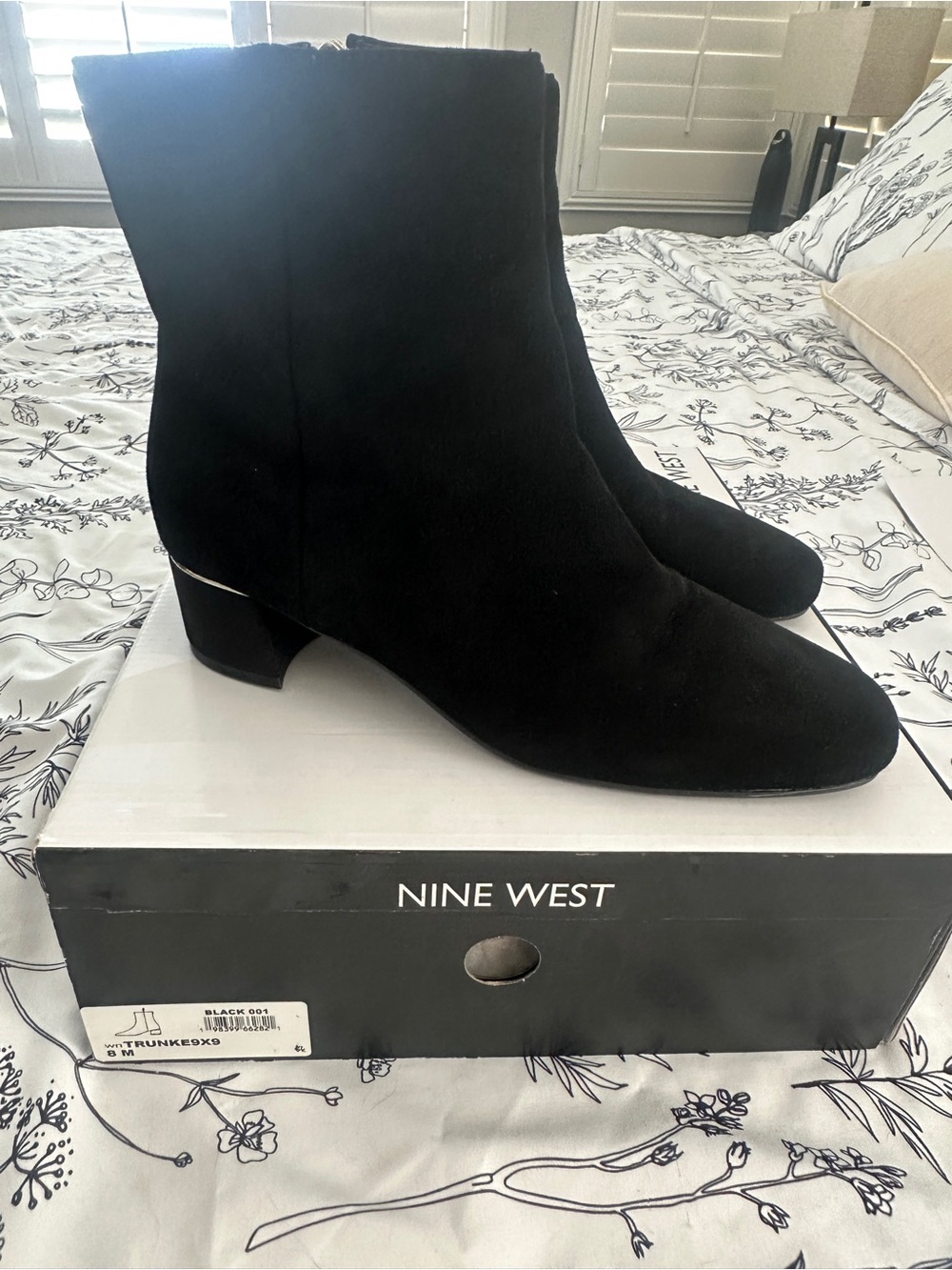Nine West Black Suede Ankle Booties with Gold Hardware
